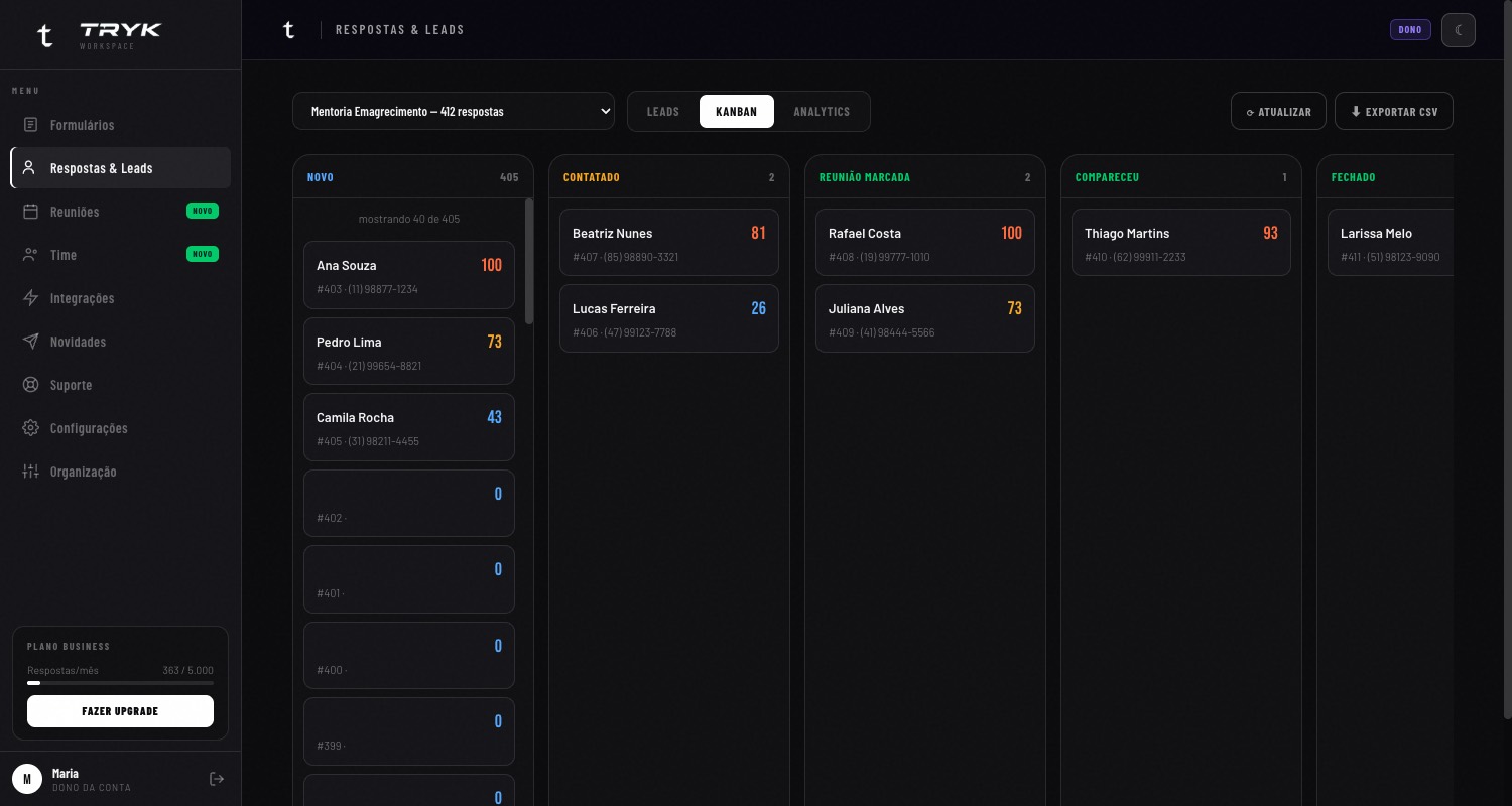 Kanban de leads do TRYK